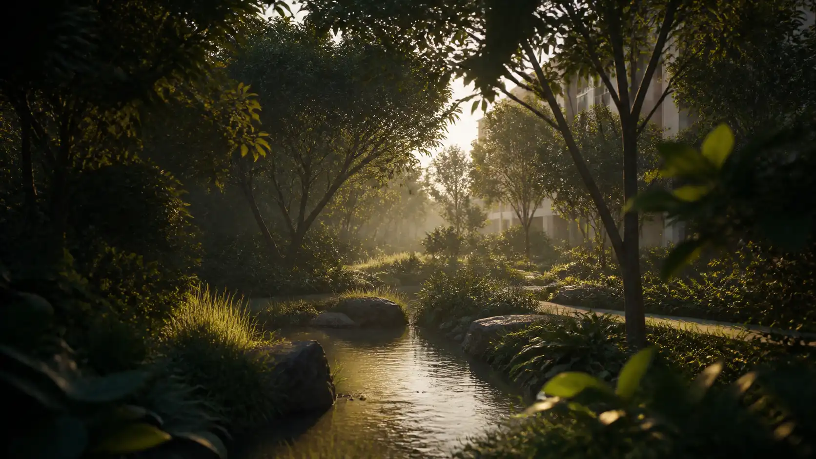 Sunlit garden with mature trees and a narrow reflective water channel