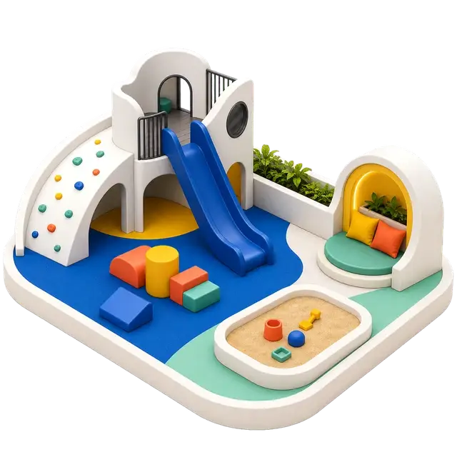 Colourful children’s play zone with slides, climbing equipment and family seating
