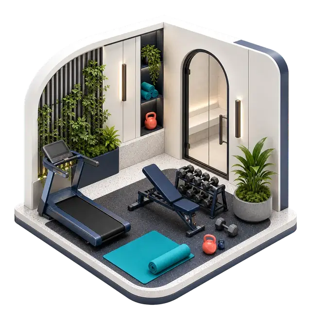 Fitness studio with exercise equipment and open space for guided wellness routines