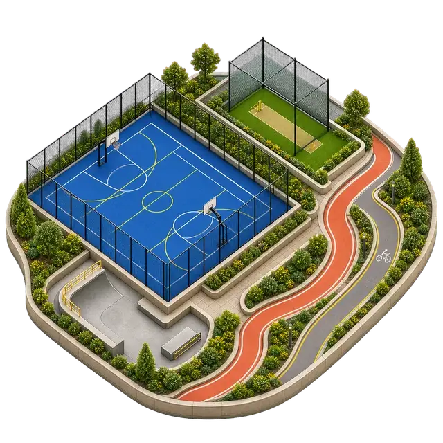 Outdoor sports court beside a looping track and landscaped activity zone