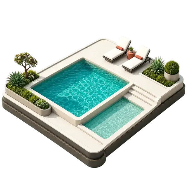 Swimming pool with a leisure deck, shaded seating and landscaped borders