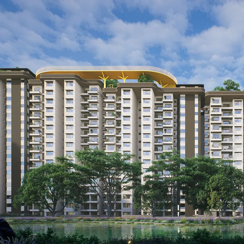 Embassy Chapparkallu Towers of Embassy South Reserve over the lake, joined by the Rooftop Ribbon