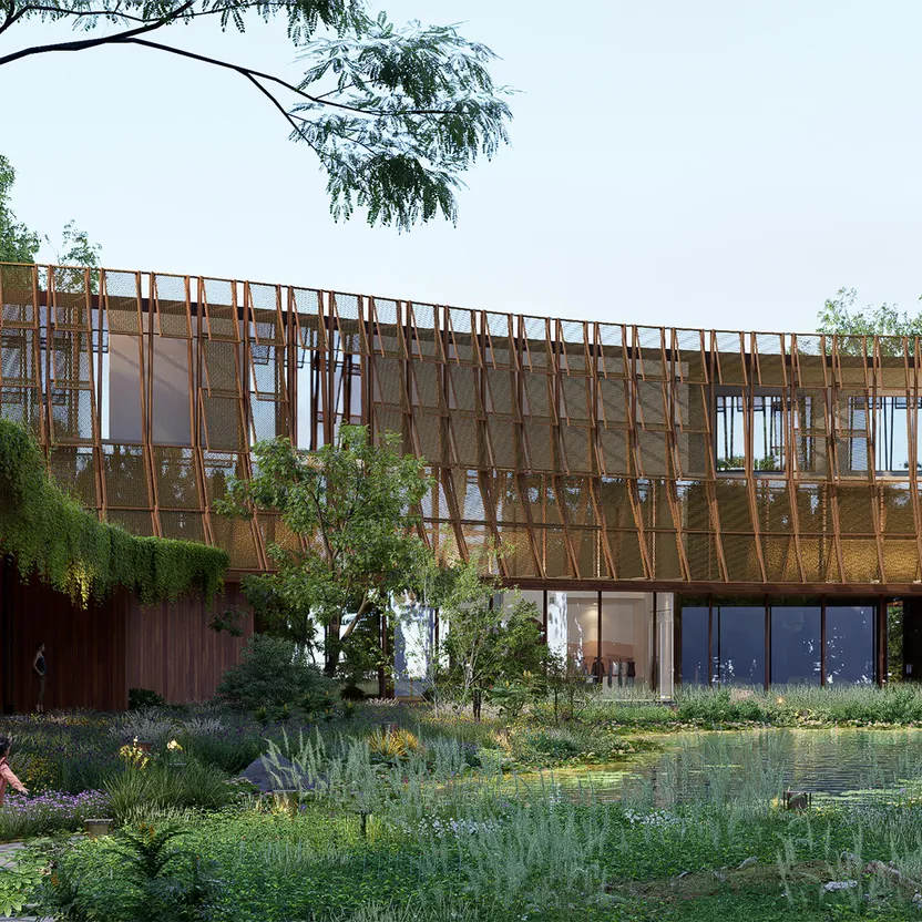 Embassy Chapparkallu The Apartment Clubhouse in timber screens beside a pond and native gardens