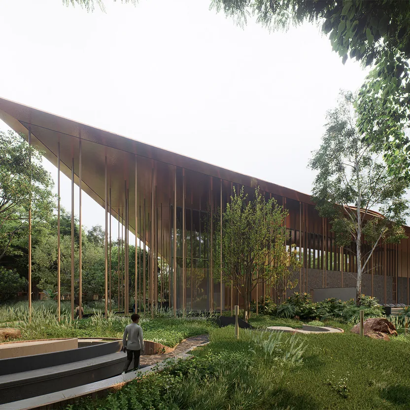 Embassy Chapparkallu A pavilion with a sweeping timber roof set into the landscape at Embassy Riverine