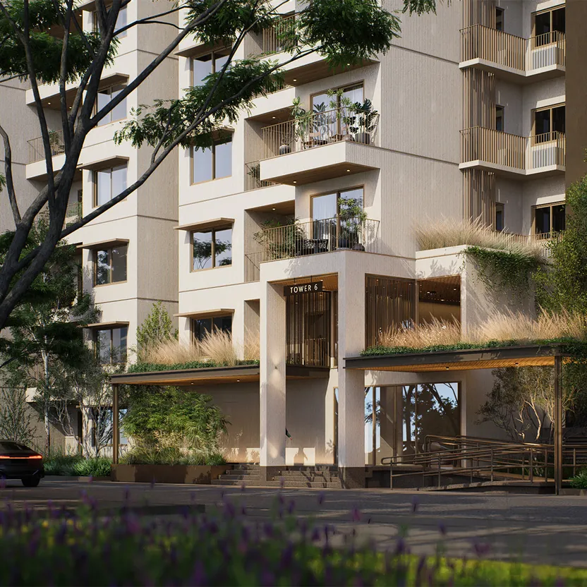 Embassy Chapparkallu A tower entrance with a planted forecourt at Embassy South Reserve