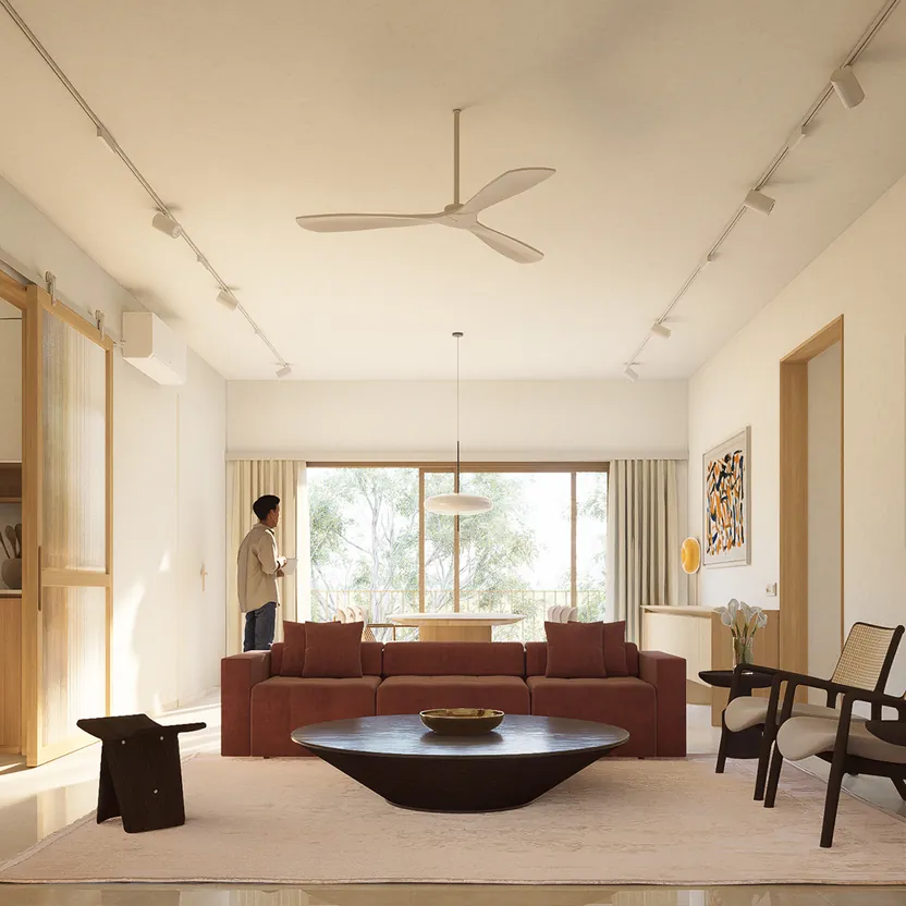 Embassy Chapparkallu A sample living room with a garden view in an Eco Apartment