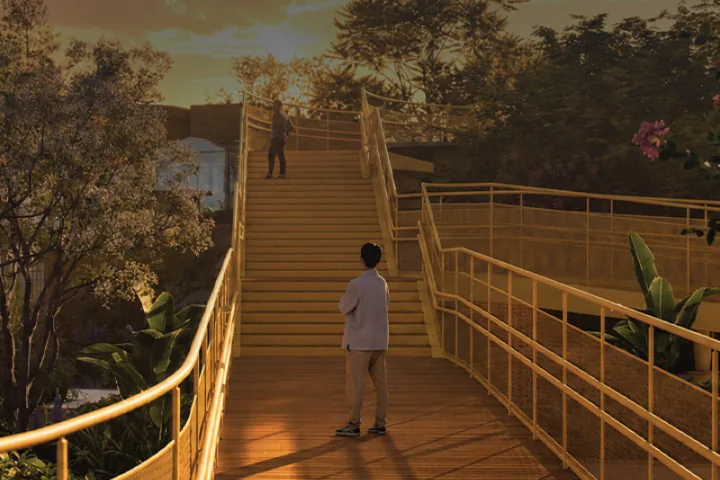 The Rooftop Ribbon walkway with its golden railings