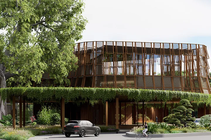 The Apartment Clubhouse, wrapped in timber and greenery