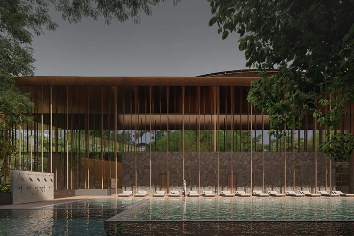 The Villa Clubhouse, with a long pool before its timber pavilion